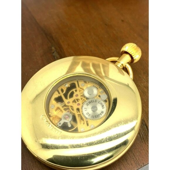 Majestrom Pocket Watch Gold Tone Case Silver Dial Roman Numerals 51mm Op… - Picture 10 of 11